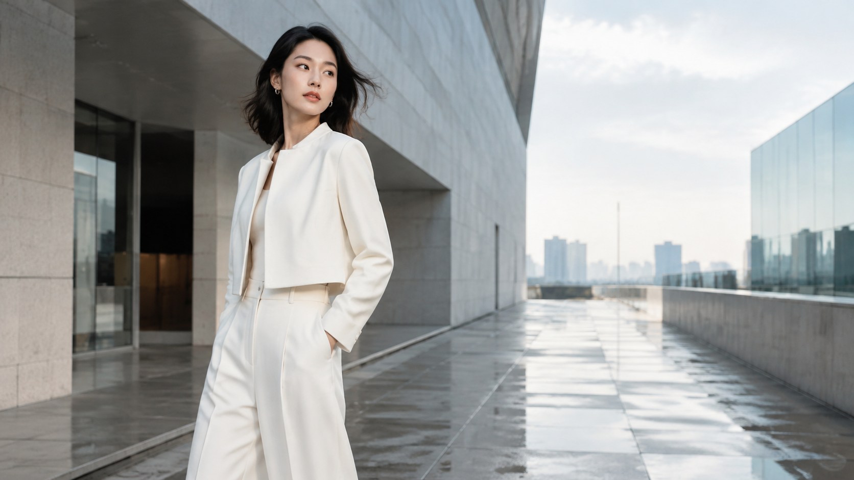 雨后上海建筑廊道中的中国女性
