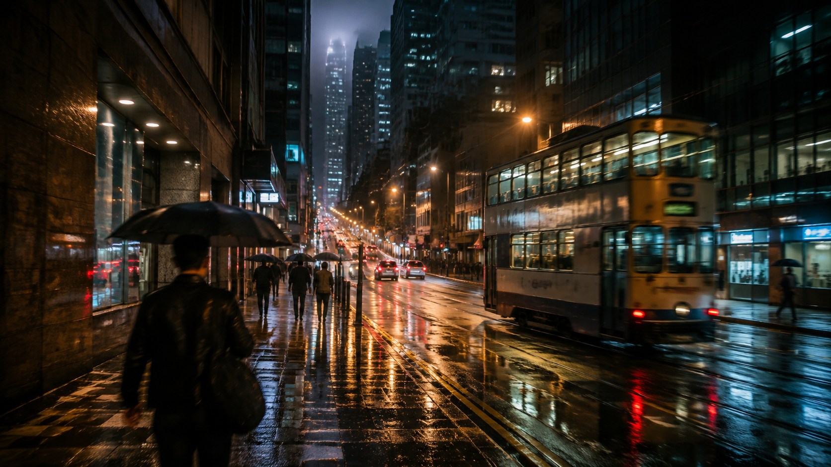 电车驶过雨后香港街道
