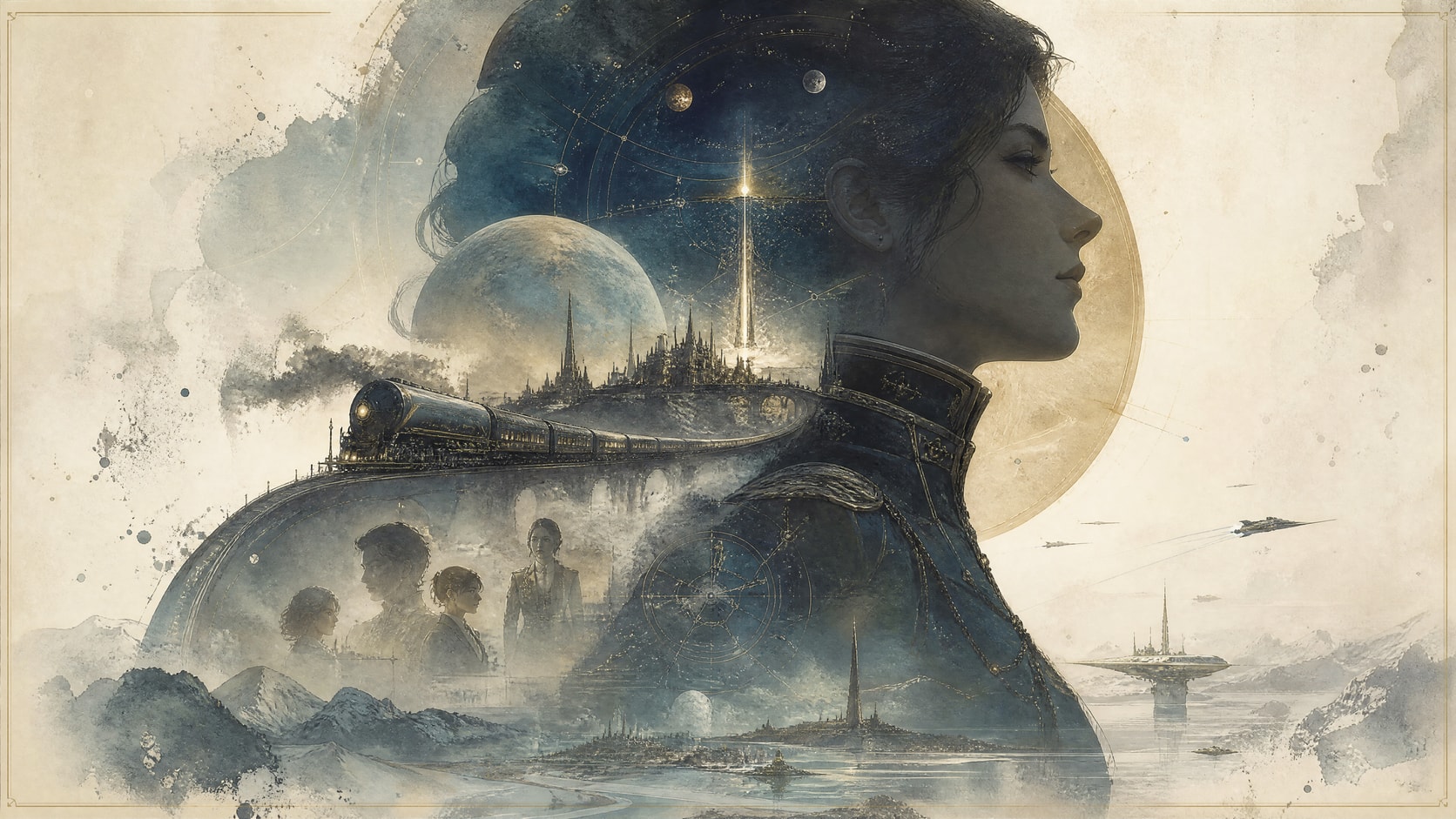 星际列车与侧脸剪影中的原创星际世界
