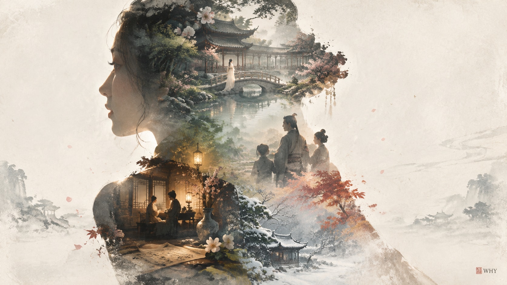 古典园林与人物侧脸轮廓组成的叙事海报